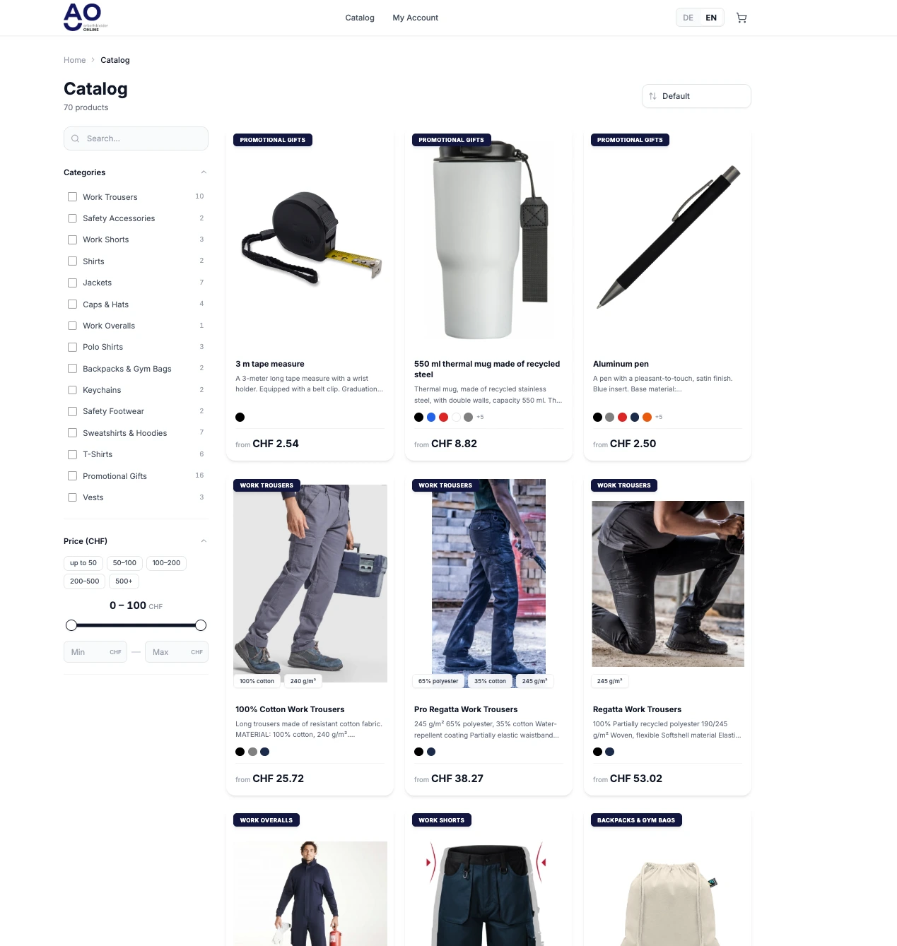 Katalog Arbeitskleider Online z listą kategorii, filtrem ceny i kaflami produktów z cenami od CHF