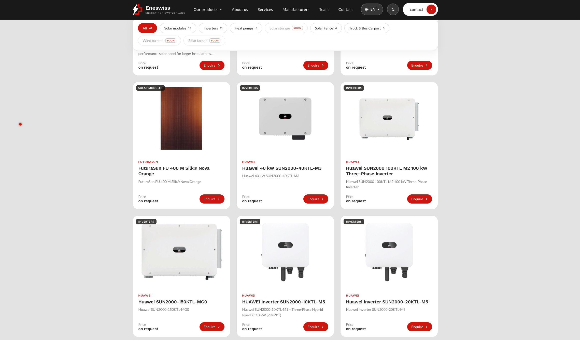 Katalog produktów Eneswiss z filtrami kategorii, modułami solarnymi i falownikami, ceną na zapytanie i przyciskami Enquire przy każdym produkcie