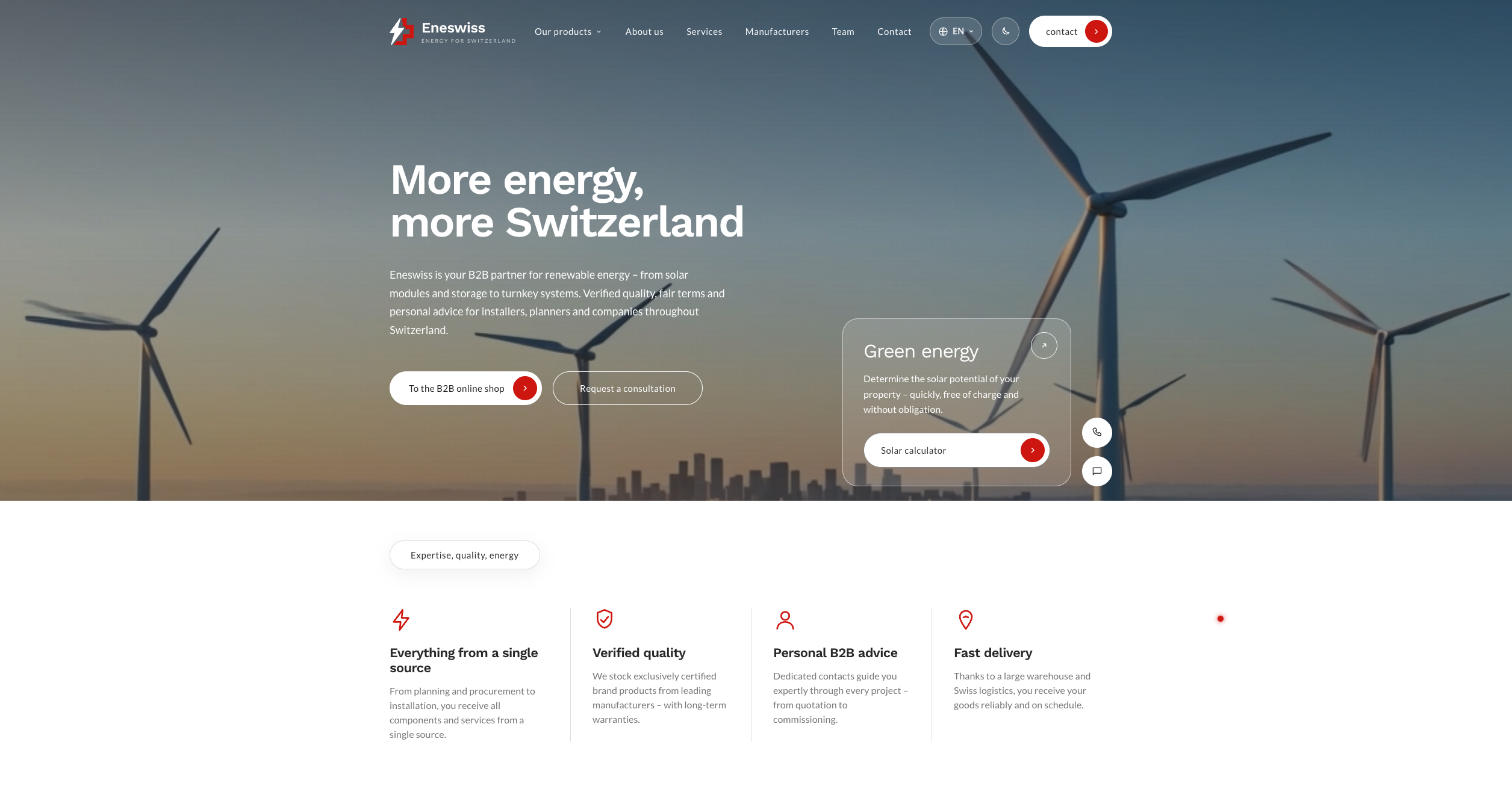 Strona główna Eneswiss z nagłówkiem More energy, more Switzerland, farmą wiatrową w tle, przyciskami To the B2B online shop i Request a consultation oraz kalkulatorem solarnym