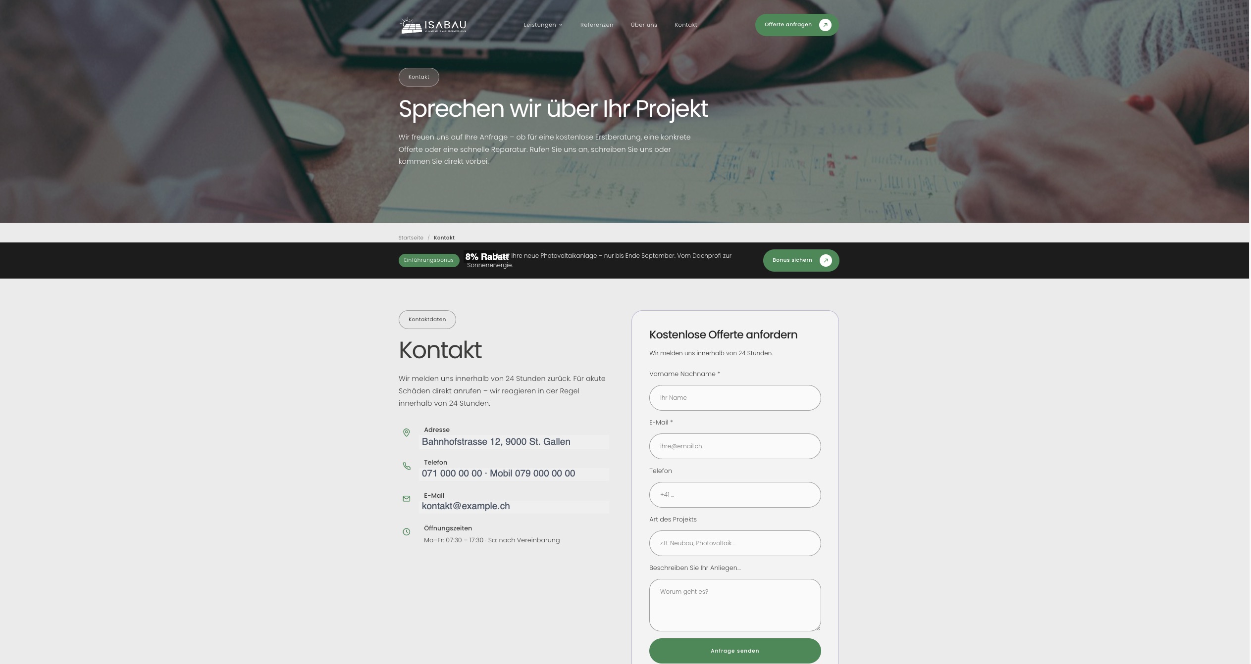 Podstrona kontaktowa ISABAU z danymi firmy i formularzem Kostenlose Offerte anfordern