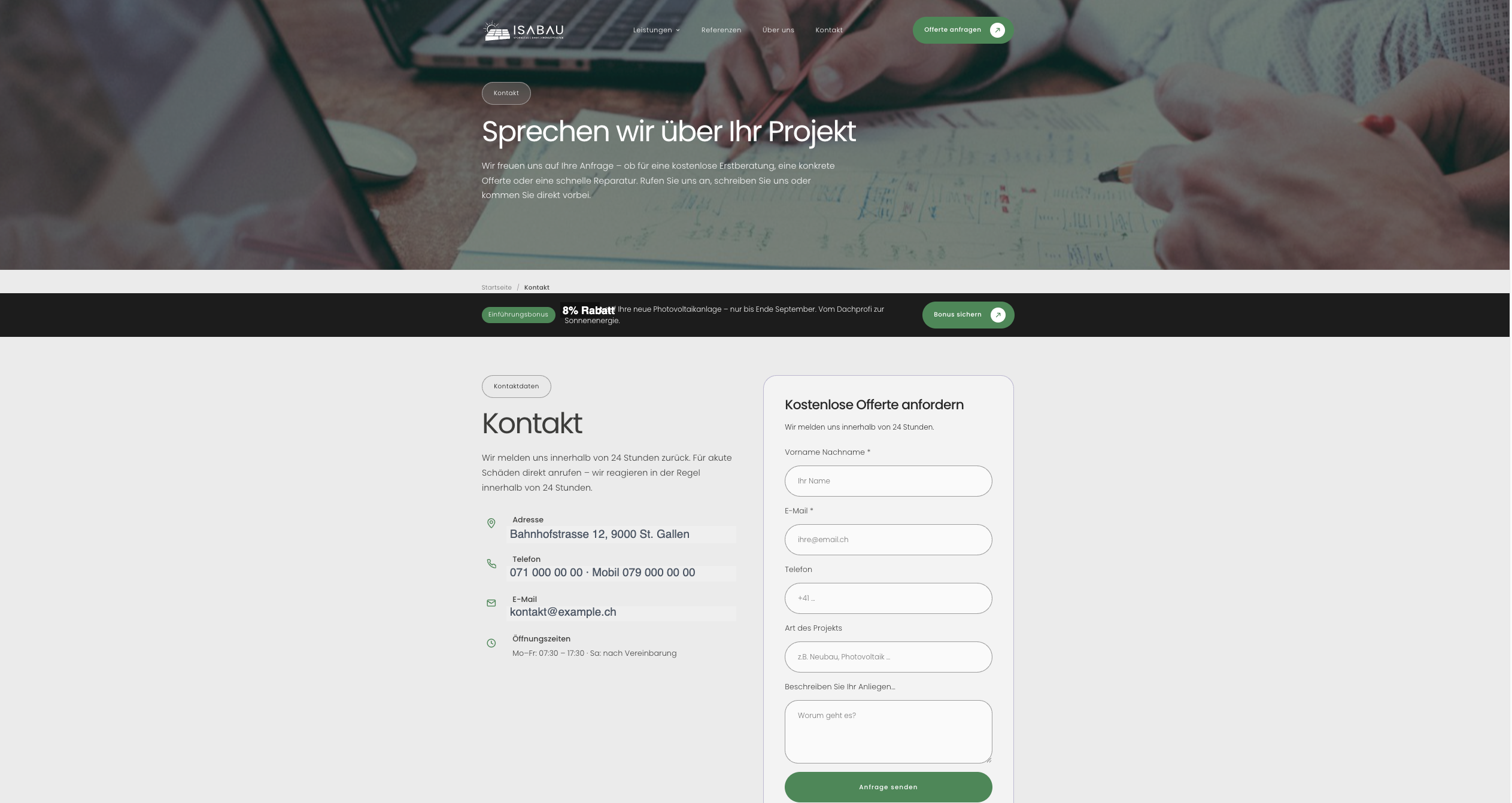 Podstrona kontaktowa ISABAU z danymi firmy i formularzem Kostenlose Offerte anfordern